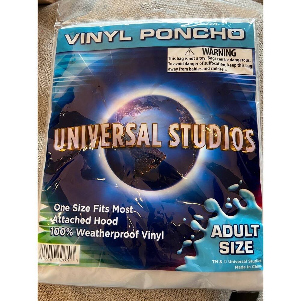 New UNIVERSAL STUDIOS Hooded Vinyl RAIN PONCHO Weatherproof ADULT Size